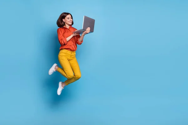 Full body profile side photo of young lady type laptop workshop marketer jumper isolated over blue color background — Stock fotografie