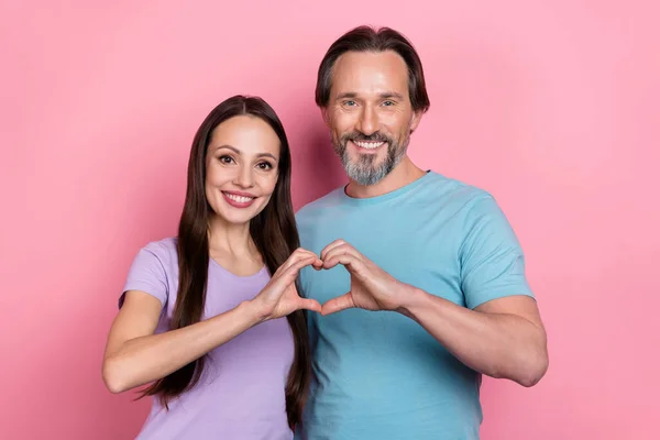 Retrato de duas pessoas pacíficas idílicas mãos dedos mostrar símbolo do coração isolado no fundo cor-de-rosa — Fotografia de Stock