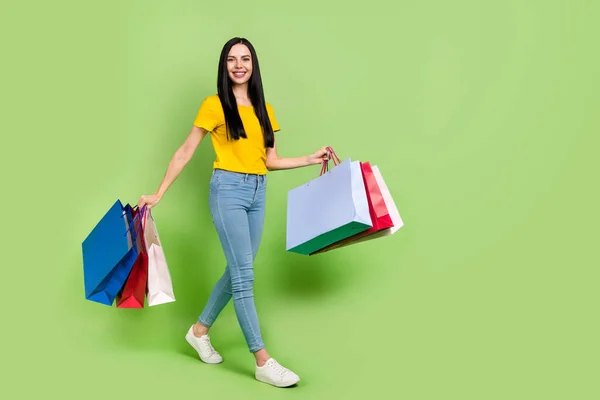 Full Size Profile Photo Charming Positive Girl Hold Packages Walking — Stock Photo, Image