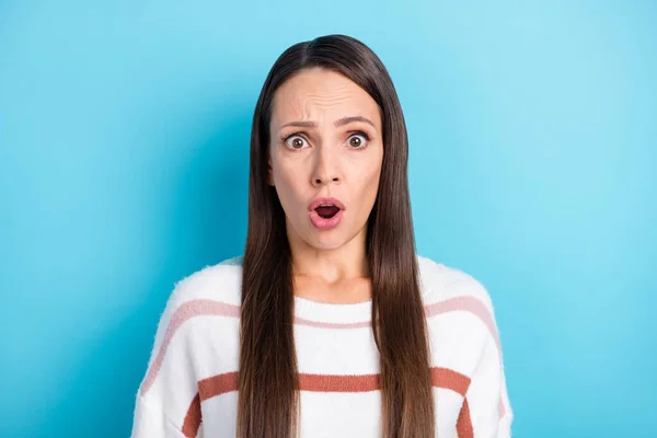 Photo of speechless stunned lady puzzled reaction unfair occasion wear striped sweater isolated blue color background — Stock Photo, Image
