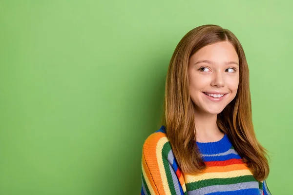 Portrait Attractive Girly Cheerful Cunning Pensive Girl Looking Aside Copy — Stock Photo, Image