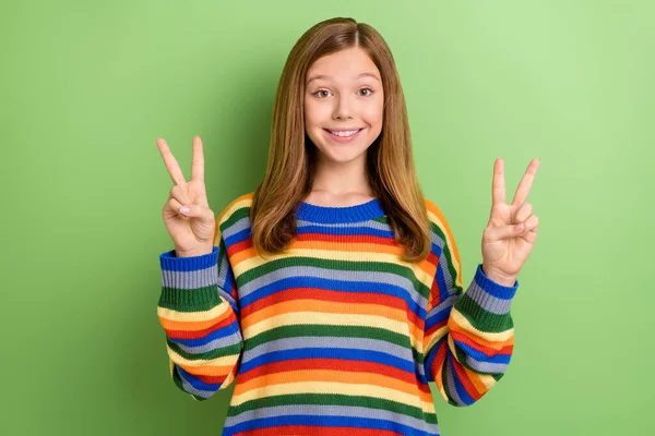 Portrait Attractive Funny Girly Cheerful Funky Girl Showing Double Sign — Stock Photo, Image