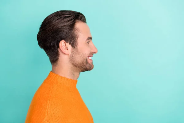 Profiel Portret Van Tevreden Blij Persoon Kijken Lege Ruimte Tand — Stockfoto