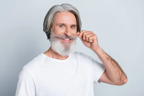 Retrato Atractivo Hombre Pelo Gris Bien Cuidado Alegre Tocando Bigote —  Fotos de Stock