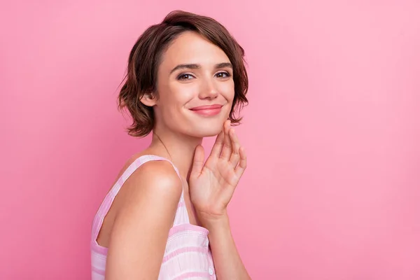 Profile Side Photo Young Lovely Lady Arm Touch Cheek Enjoy — Stock Photo, Image