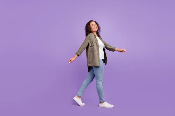 Full Body Photo Happy Positive Afro American Woman Walk Empty — Stock Photo, Image