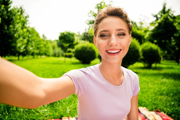 Self Portrait Attractive Cheerful Girl Spending Good Free Time Having — Stock Photo, Image