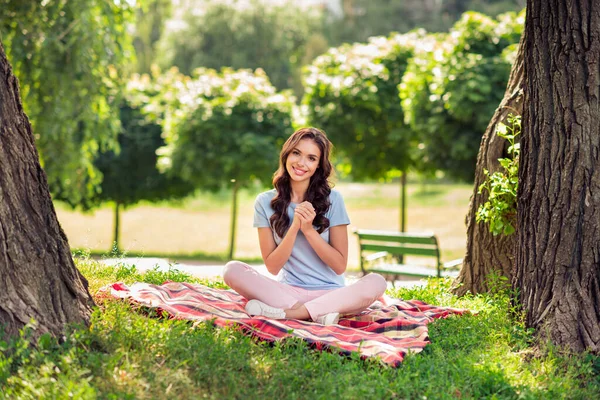 Full Length Body Size Photo Woman Sitting Blanket Park Thankful — Stock Photo, Image