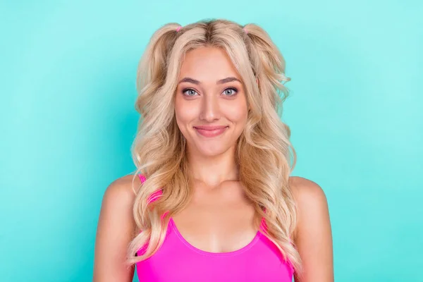 Portrait Attractive Cheerful Wavy Haired Girl Wearing Tanktop Isolated Bright — Stock Photo, Image