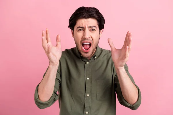 Foto Loco Chico Miedo Estado Ánimo Levantar Las Manos Grito — Foto de Stock