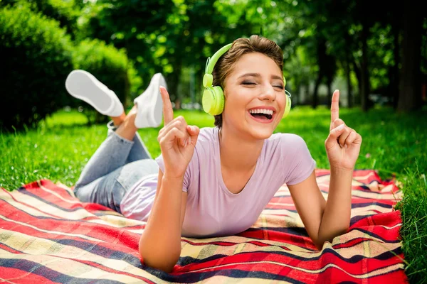 Portrait Attractive Carefree Cheerful Girl Lying Veil Listening Hit Stereo — Stock Photo, Image