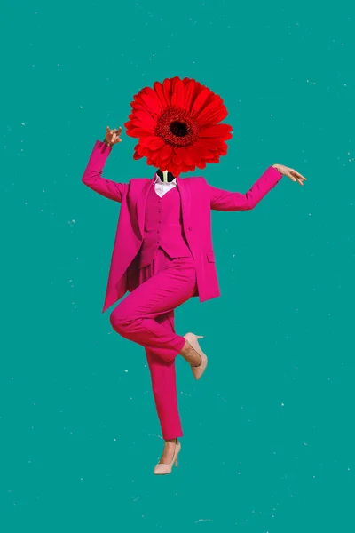 Vertical composite collage image of person dancing red flower instead head isolated on drawing background.