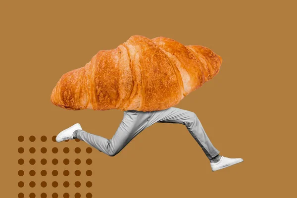 体の代わりにジャンプ急いで実行している人クロワッサンの創造的なコラージュイラスト熱いパン屋を購入 — ストック写真