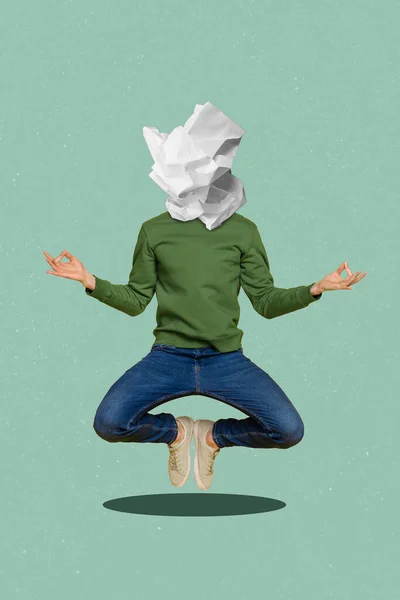 Вертикальное Коллажное Изображение Медитирующего Человека Летающего Мятой Бумаге Вместо Головы — стоковое фото