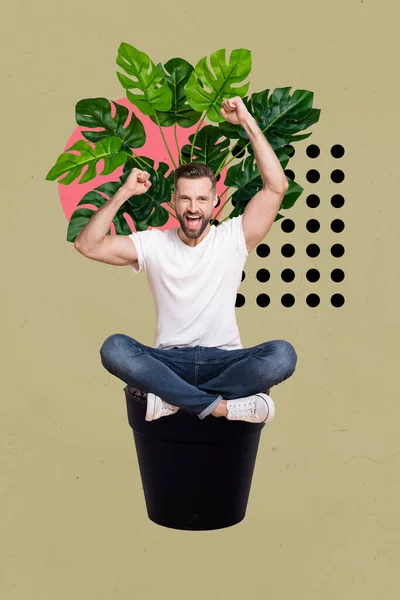 Vertikale Collage Illustration Der Überglücklichen Person Die Blumentopf Sitzt Hebt — Stockfoto