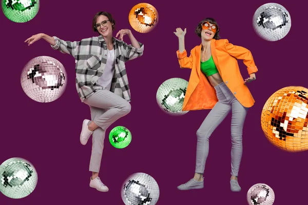 Kreativ Collage Två Positiva Överlyckliga Människor Njuta Dans Isolerad Disco — Stockfoto
