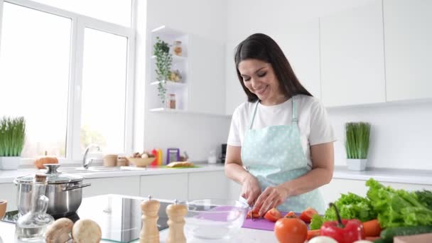 Domatesleri Kesen Çok Güzel Bir Şef Kadın Yemek Blogu Yayınlıyor — Stok video
