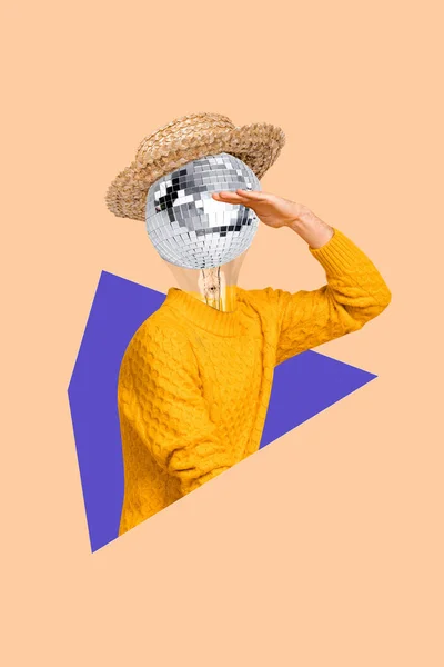 Vertikal Kreativ Collage Bild Person Glödande Disco Boll Istället Huvudet — Stockfoto