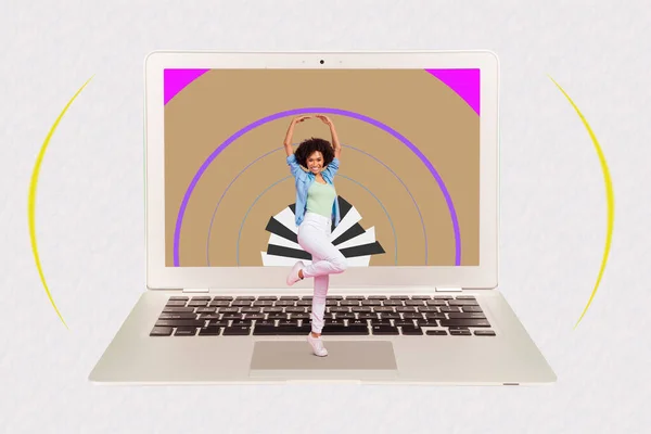 Imagem Colagem Composta Pessoa Positiva Dançando Enorme Tela Hipnose Netbook — Fotografia de Stock