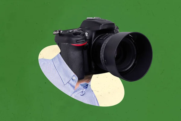 个人摄影相机的复合拼贴图片 而不是在创造性的绿色背景下隔离人头 — 图库照片