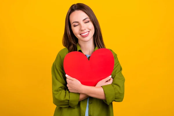 Foto Bela Encantadora Jovem Vestida Camisa Verde Sorrindo Abraçando Grande — Fotografia de Stock