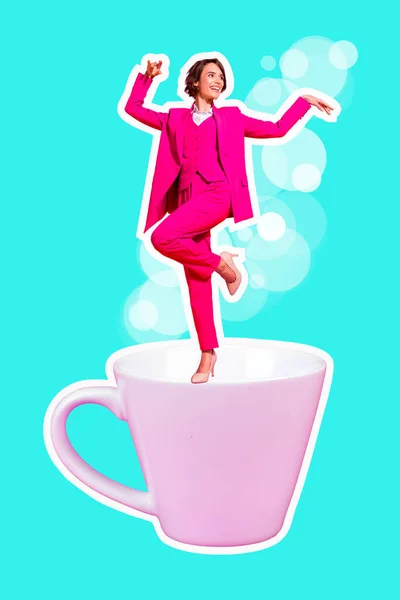 Вертикальное Коллажное Изображение Возбужденного Позитивного Человека Танцующего Большой Кофейный Стаканчик — стоковое фото