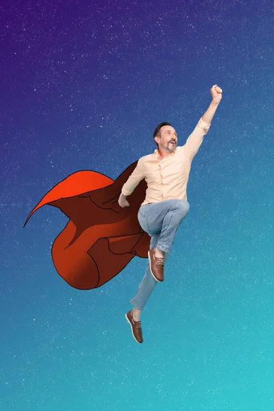 Verticale Composiet Collage Portret Van Vliegende Super Man Verhogen Hand — Stockfoto