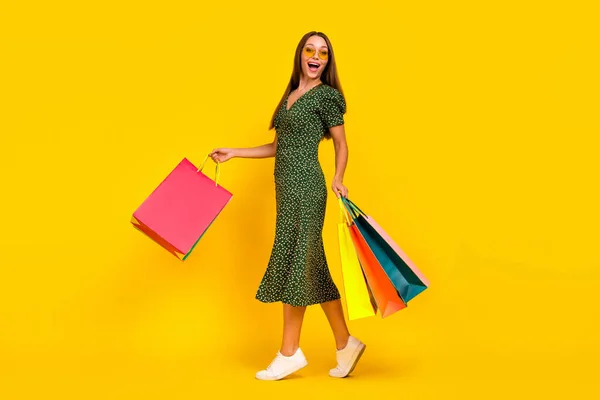 Full Length Photo Overjoyed Pretty Person Arms Hold Packages Isolated — Stock Photo, Image