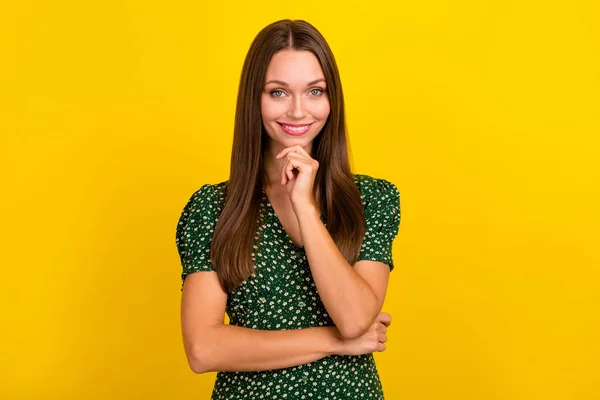 Photo of satisfied cute young person hand touch chin toothy smile decide isolated on yellow color background.
