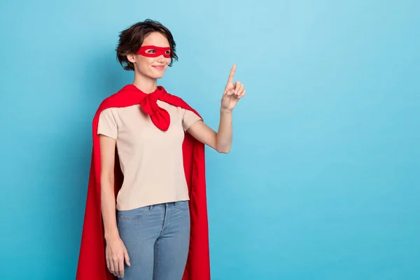 Foto Mulher Doce Adorável Usar Capa Vermelha Apontando Toque Dedo — Fotografia de Stock