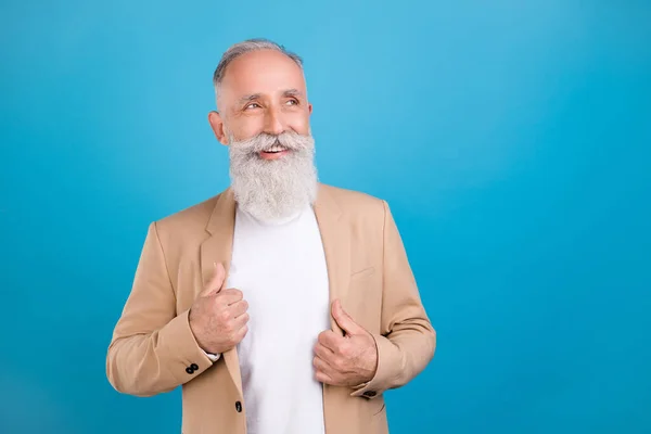 Portrait Attractive Cheerful Elegant Classy Grey Haired Man Thinking Copy — Stock Photo, Image