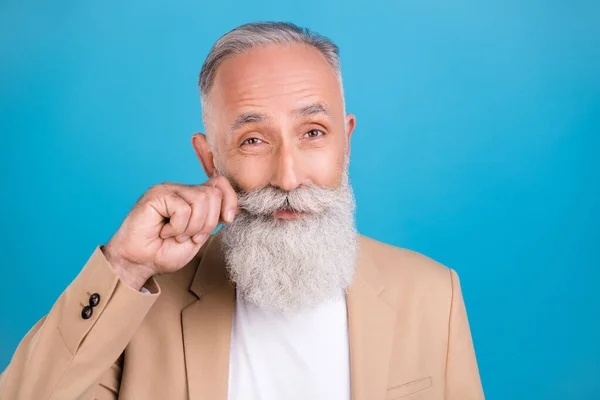 Porträtt Attraktiva Groomed Glad Gråhårig Man Vidröra Fastställande Mustasch Isolerad — Stockfoto
