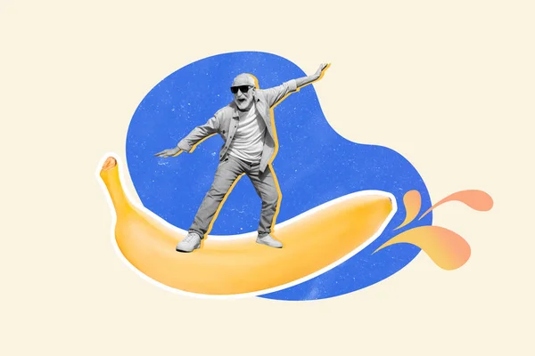 Комический Коллаж Изображающий Безумно Возбужденного Человека Черно Белым Эффектом Серфинга — стоковое фото