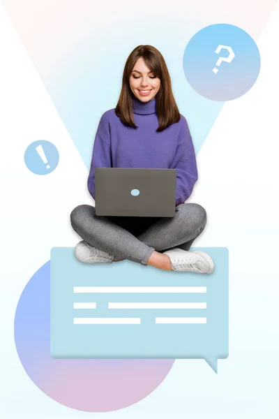 Imagem Colagem Composta Vertical Pessoa Alegre Sentado Usar Mensagem Digitação — Fotografia de Stock