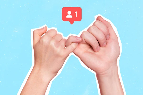 在新的社交网站Facebook Twitter Instagram上 两只手指头连接的合影成为好友 — 图库照片