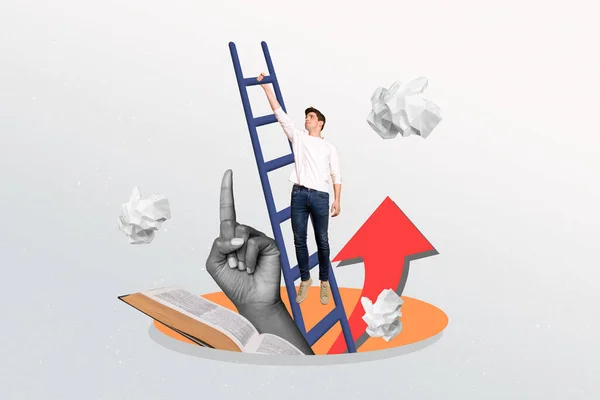 Collage Portret Van Hard Werkende Persoon Klim Ladder Omhoog Enorme — Stockfoto