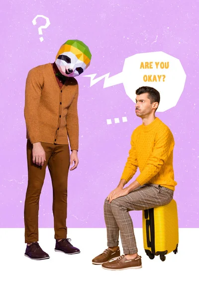 Photo artwork minimal collage of funny funky guy wear sloth mask asking are you okay man waiting flight isolated purple color background.