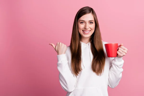 Photo Young Girl Happy Positive Smile Drink Coffee Point Thumb — Stock Photo, Image