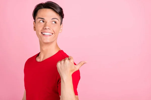 Profile Side Photo Young Guy Happy Positive Smile Indicate Thumb — Stock Photo, Image