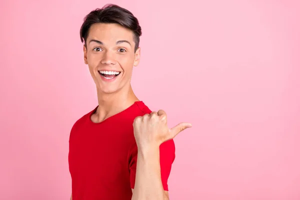 Profiel Side Photo Young Guy Happy Positive Smile Point Thumb — Stockfoto