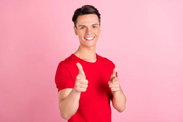 Photo Young Guy Happy Positive Smile Point Indicate Fingers You — Stock Photo, Image