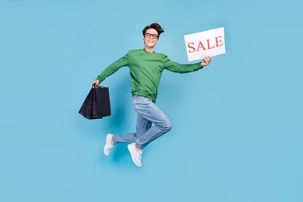 Full Length Body Size Photo Guy Jumping High Showing Sale — Stock Photo, Image