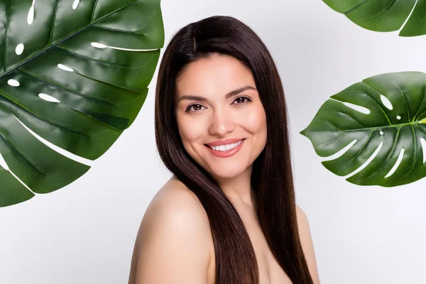 Portrait of attractive cheerful woman pure flawless skin detox among green plants extract isolated over white color background.