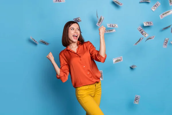 Photo Young Excited Girl Rejoice Success Luck Fists Hands Rich — Stock Photo, Image