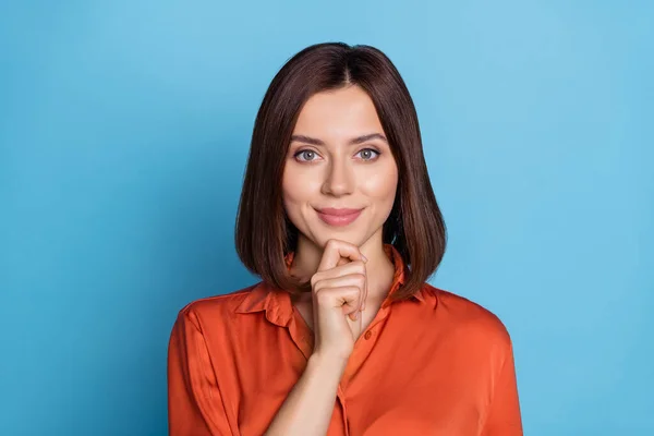 Portrait Attractive Cheerful Girl Making Decision Touching Chin Solution Isolated — Stock Photo, Image