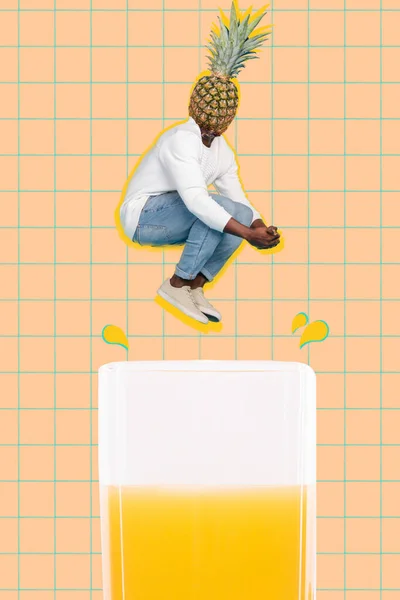 Vertical composite collage picture of person pineapple instead head jump fall juice glass isolared on drawing background.