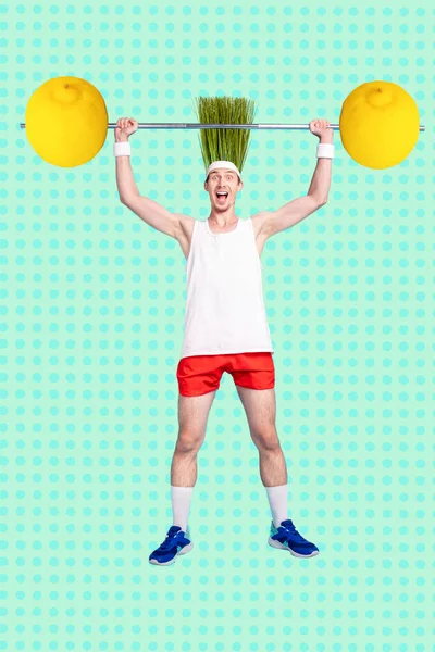 Weird collage picture of crazy young man with growing plant on his head weightlifting with lemon dumbbell isolated on dotted teal background.