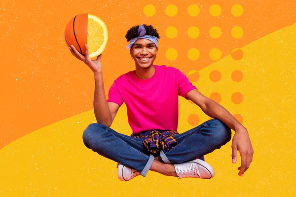 Composite Collage Porträt Positiver Person Sitzend Hand Halten Halb Basketball — Stockfoto