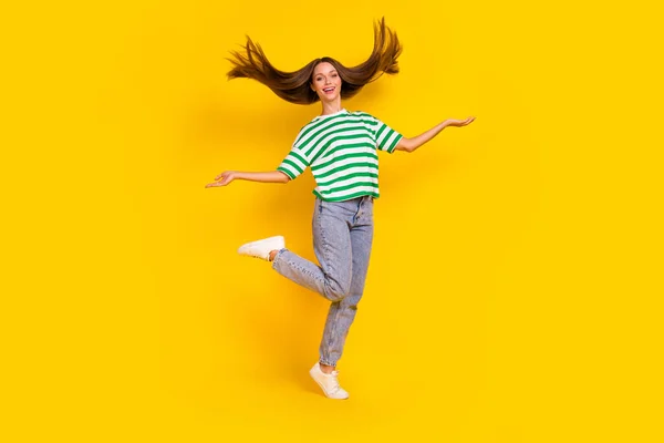 Full Length Portrait Pretty Cheerful Lady Hands Throw Flying Hairdo — Stock Photo, Image