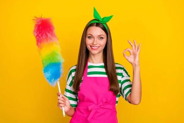 Portrait Positive Pretty Person Hold Duster Arm Fingers Demonstrate Okey — Stock Photo, Image